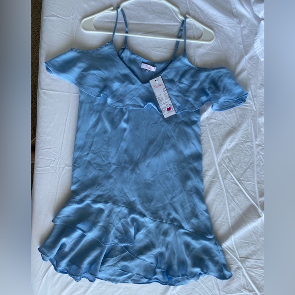 Parker Thatcher $288 Cold Shoulder Ruffled Mini Dress light Blue XS NWT - Picture 4 of 16
